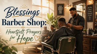 Blessings barber shop banner with heartfelt prayers for hope, showing a peaceful barber serving a customer