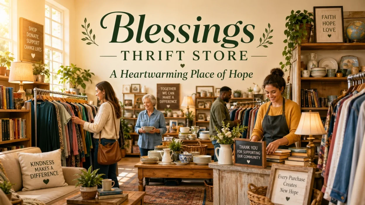 Blessings thrift store with warm decor, secondhand items, and hopeful community atmosphere