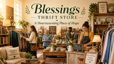 Blessings thrift store with warm decor, secondhand items, and hopeful community atmosphere