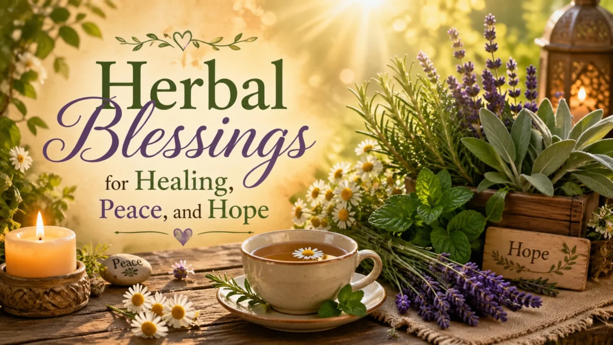 Herbal blessings image with tea, lavender, chamomile, candle, and peaceful healing garden scene