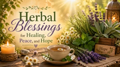 Herbal blessings image with tea, lavender, chamomile, candle, and peaceful healing garden scene