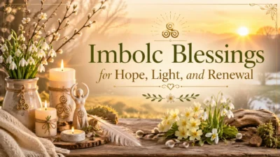Imbolc blessings image with candles, snowdrops, sunrise, and symbols of hope, light, and renewal