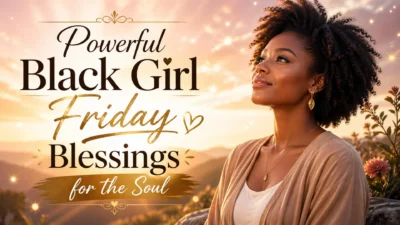 Black girl Friday blessings with golden sunrise, peaceful woman, and soulful inspirational faith message