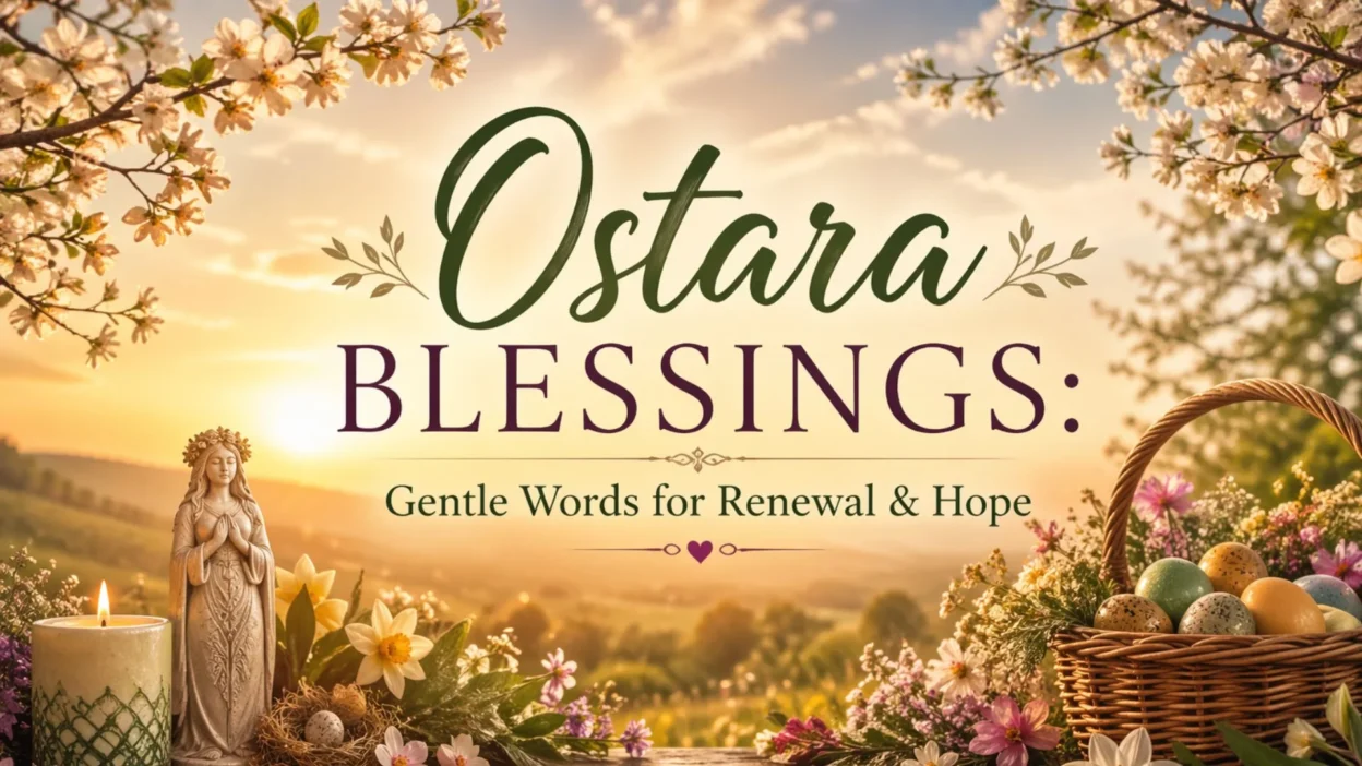 Ostara blessings spring scene with flowers, candles, eggs, and sunrise symbolizing renewal and hope