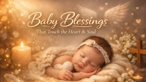 Sleeping baby surrounded by soft light and angel wings, representing peaceful baby blessings and spiritual love