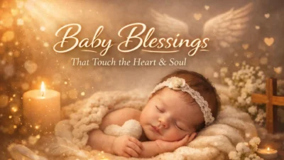 Sleeping baby surrounded by soft light and angel wings, representing peaceful baby blessings and spiritual love