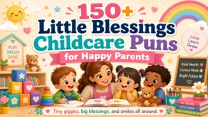 Little Blessings Childcare puns poster with a teacher, happy kids, rainbow classroom, and playful daycare theme.
