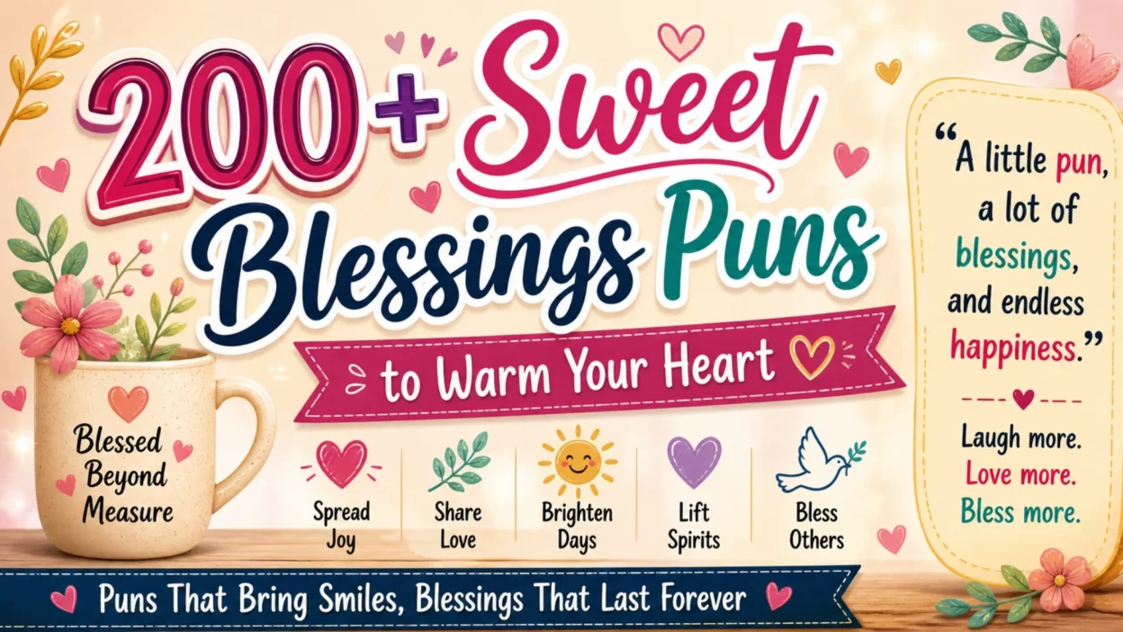 200+ sweet blessings puns banner with hearts, flowers, blessed mug, and cheerful faith-inspired message.