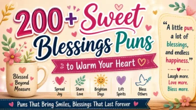 200+ sweet blessings puns banner with hearts, flowers, blessed mug, and cheerful faith-inspired message.