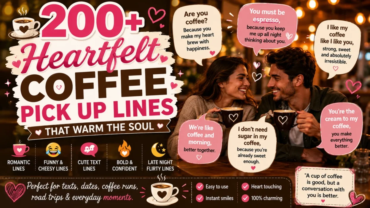 Romantic coffee pick up lines graphic with smiling couple in café and cozy heartfelt coffee date theme