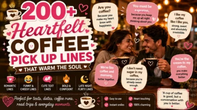 Romantic coffee pick up lines graphic with smiling couple in café and cozy heartfelt coffee date theme