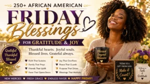African American Friday blessings inspirational banner with joyful woman holding mug, gratitude and joy theme