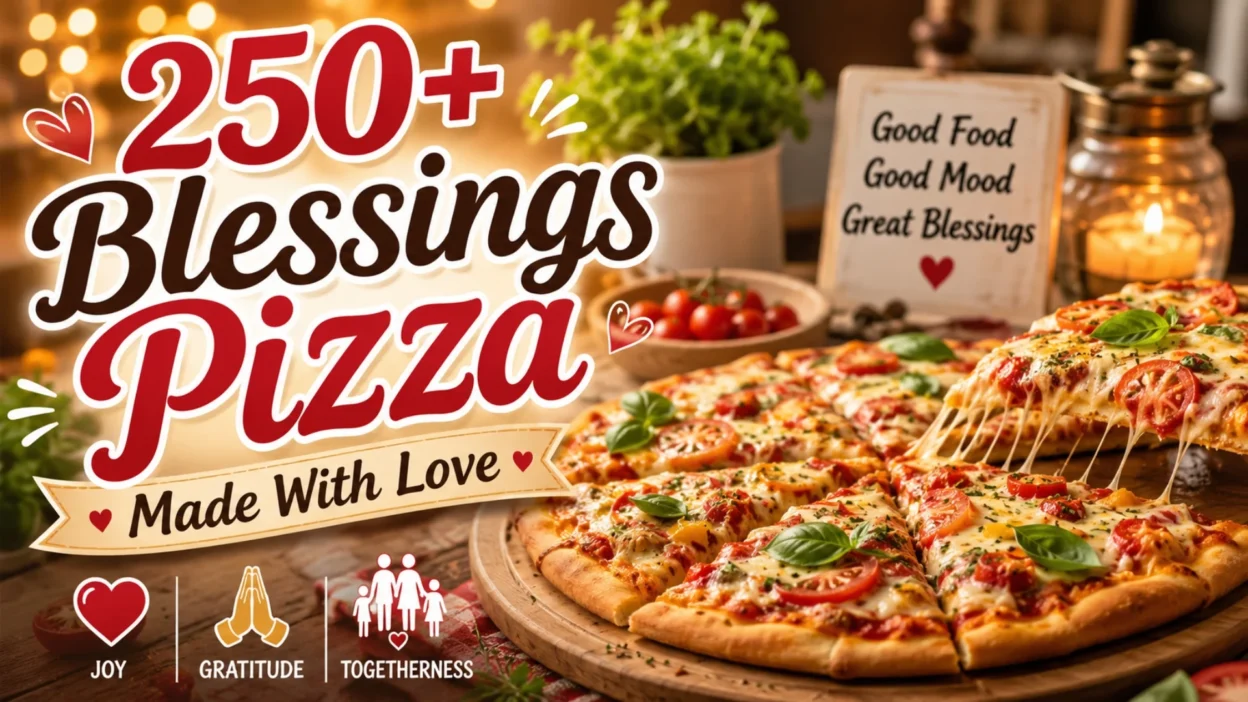 Warm homemade blessings pizza with melted cheese and family togetherness theme on cozy dinner table