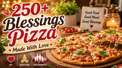 Warm homemade blessings pizza with melted cheese and family togetherness theme on cozy dinner table