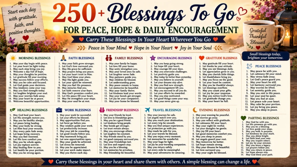 Blessings to go infographic with uplifting prayers, peaceful wishes, and colorful inspirational daily encouragement