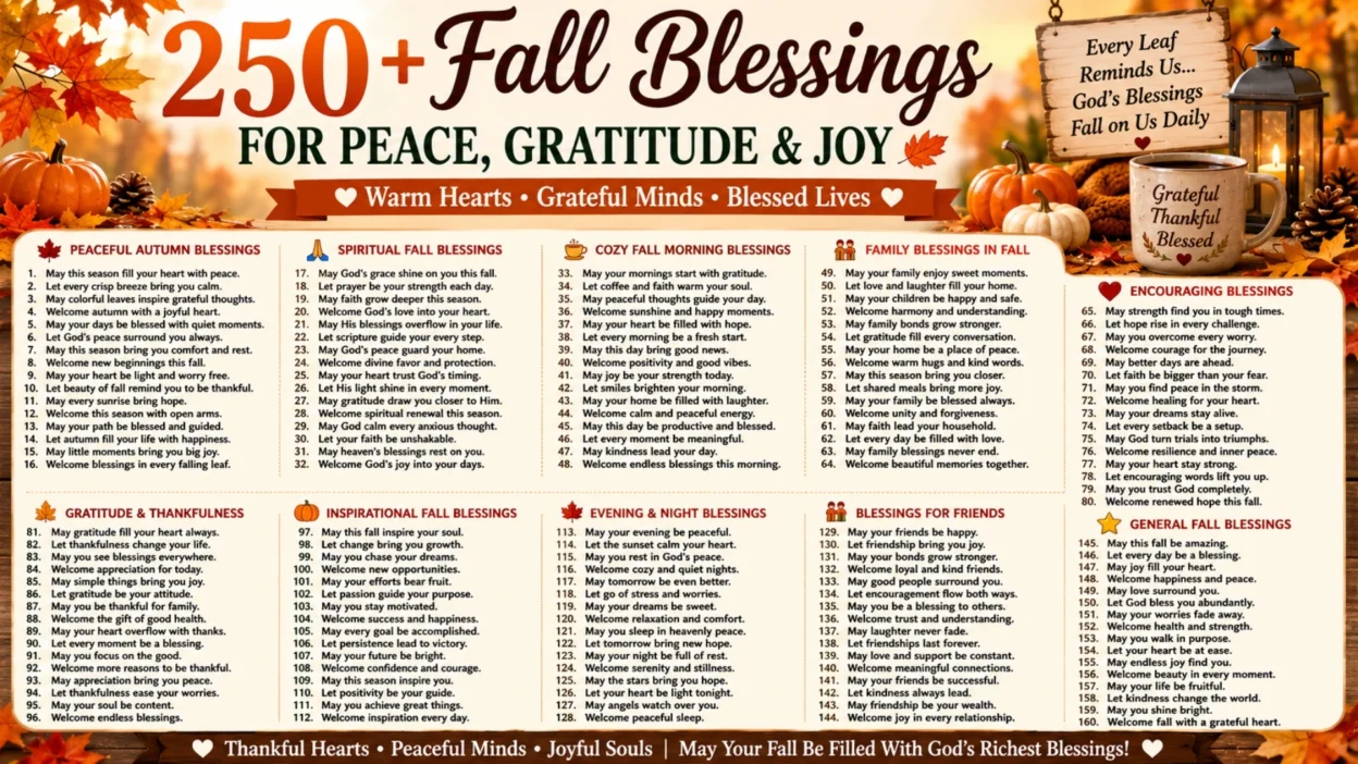 Autumn fall blessings infographic with pumpkins, colorful leaves, cozy decor, and inspirational seasonal wishes