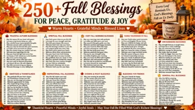 Autumn fall blessings infographic with pumpkins, colorful leaves, cozy decor, and inspirational seasonal wishes
