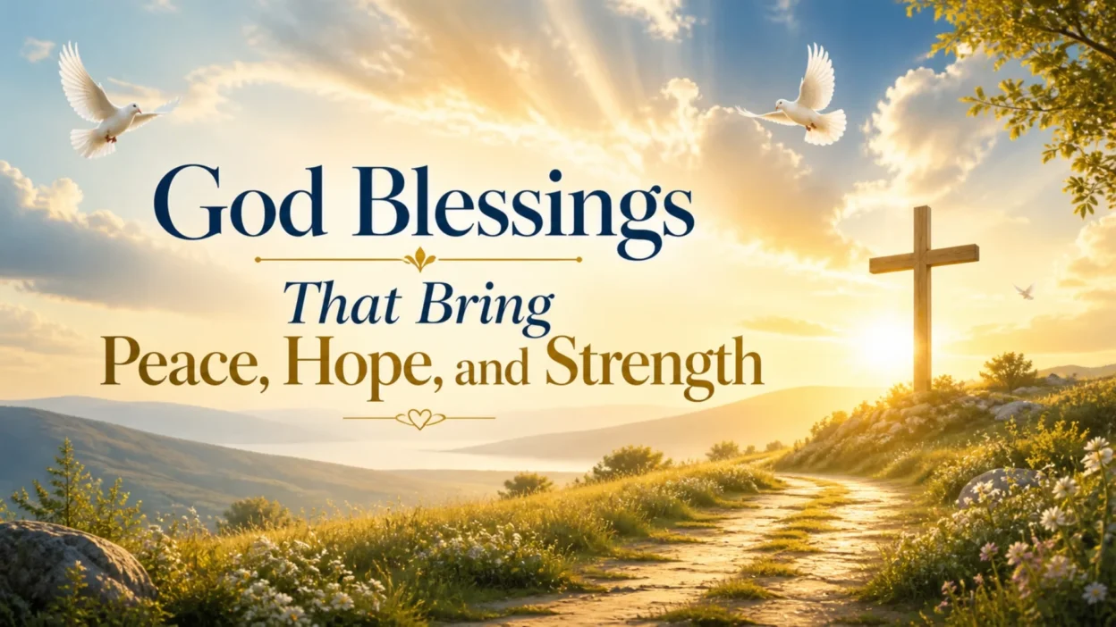 God blessings image with sunrise, cross, doves, and peaceful path symbolizing hope, strength, and spiritual peace.