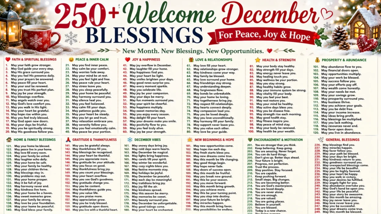 Festive welcome December blessings infographic with winter lights, holiday decor, and inspirational seasonal wishes