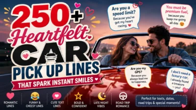 Couple smiling in red convertible with heartfelt car pick up lines and romantic road trip theme