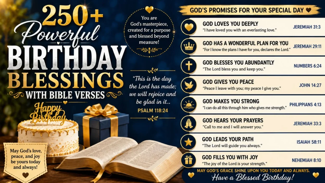 250+ powerful birthday blessings with Bible verses, Christian birthday wishes, cake, gift box, and inspirational scripture.