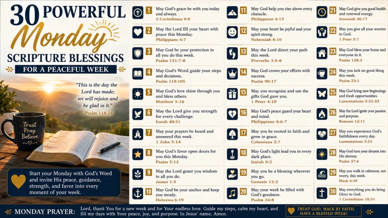 Inspirational Monday scripture blessings with Bible verses for peace, faith, strength, and guidance throughout the week.