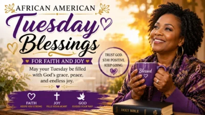 African American Tuesday blessings image with joyful woman, Bible, coffee mug, and inspiring faith message