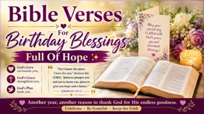 Bible verses for birthday blessings graphic with open Bible, flowers, candles, and hopeful Christian birthday message
