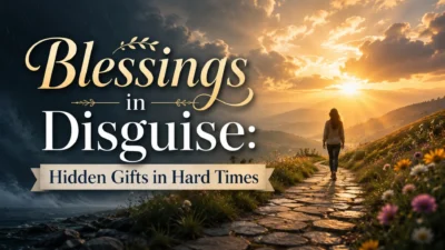 Blessings in disguise image with a woman walking from stormy darkness toward golden sunrise and hopeful mountain path
