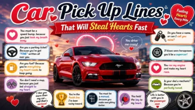 Funny car pick up lines poster with red sports car, romantic driving jokes, and flirty automotive quotes.