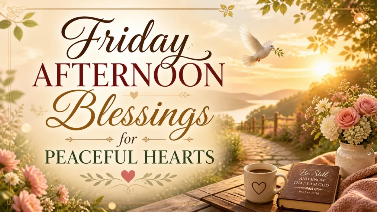 Friday afternoon blessings image with peaceful sunset, flowers, dove, coffee, and Bible for calm hearts