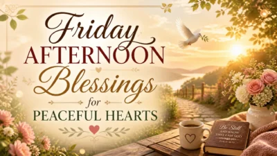 Friday afternoon blessings image with peaceful sunset, flowers, dove, coffee, and Bible for calm hearts