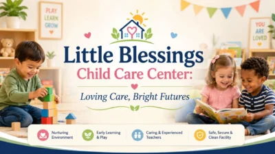 Little Blessings Child Care Center banner with happy children learning, playing, and reading in a warm classroom