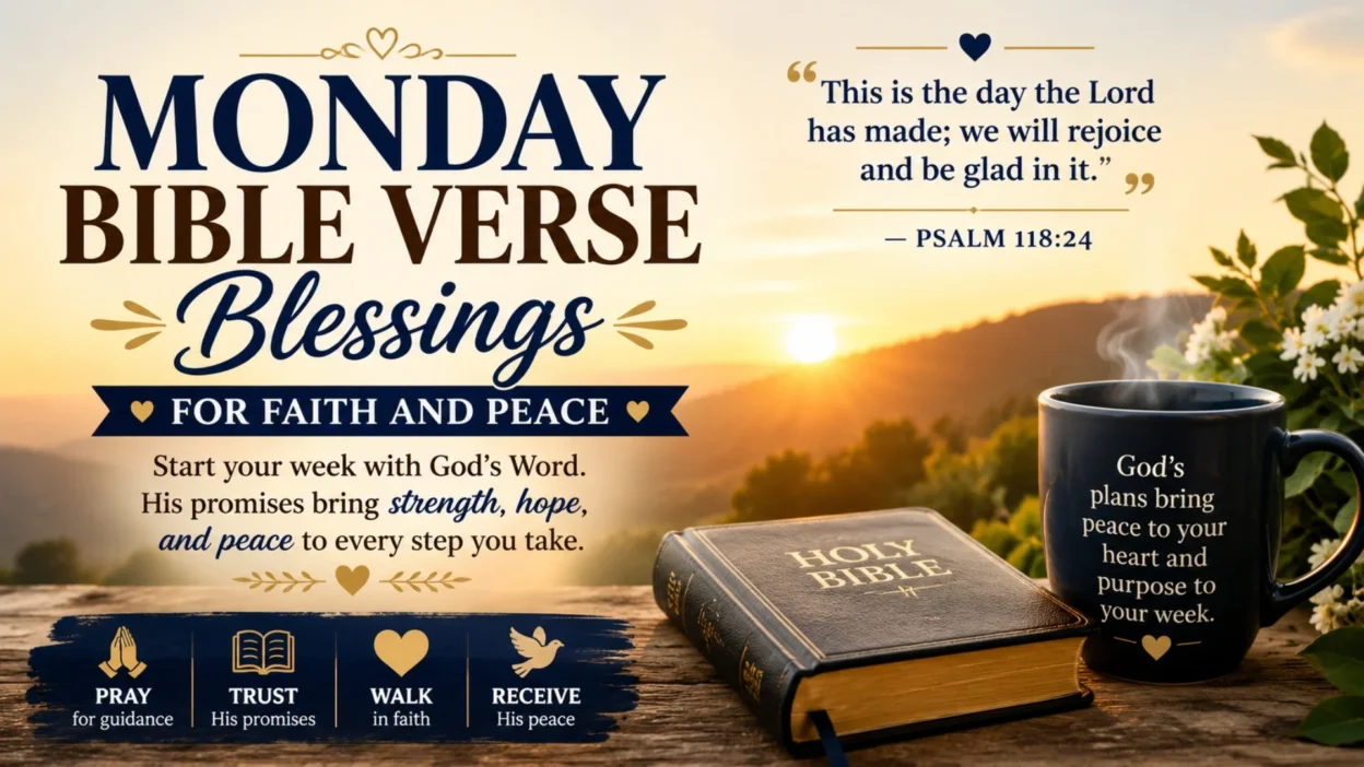 Monday Bible verse blessings image with sunrise, Holy Bible, coffee mug, and faith-filled Scripture for peace and hope
