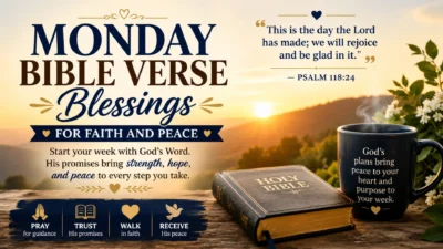 Monday Bible verse blessings image with sunrise, Holy Bible, coffee mug, and faith-filled Scripture for peace and hope