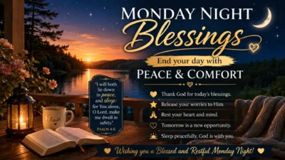 Monday night blessings image with peaceful lake sunset, Bible, lantern, and comforting spiritual evening message