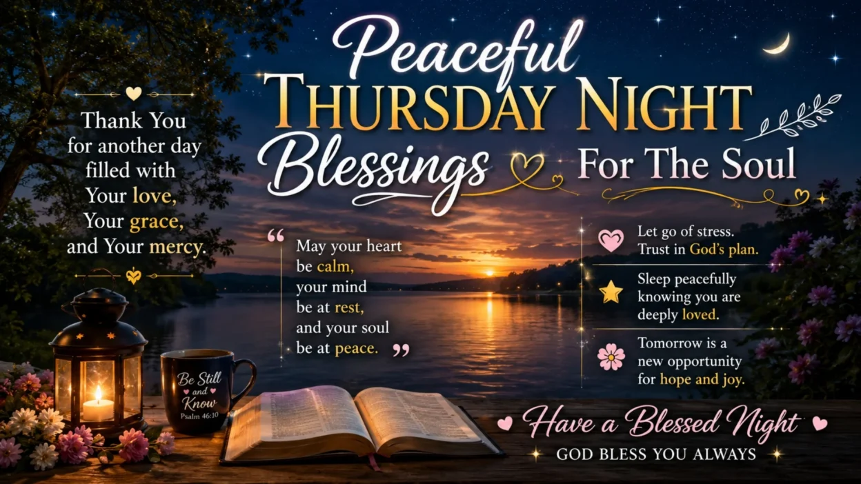 Peaceful Thursday night blessings image with lantern, lake sunset, calming prayers, and spiritual nighttime message