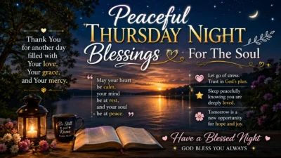 Peaceful Thursday night blessings image with lantern, lake sunset, calming prayers, and spiritual nighttime message