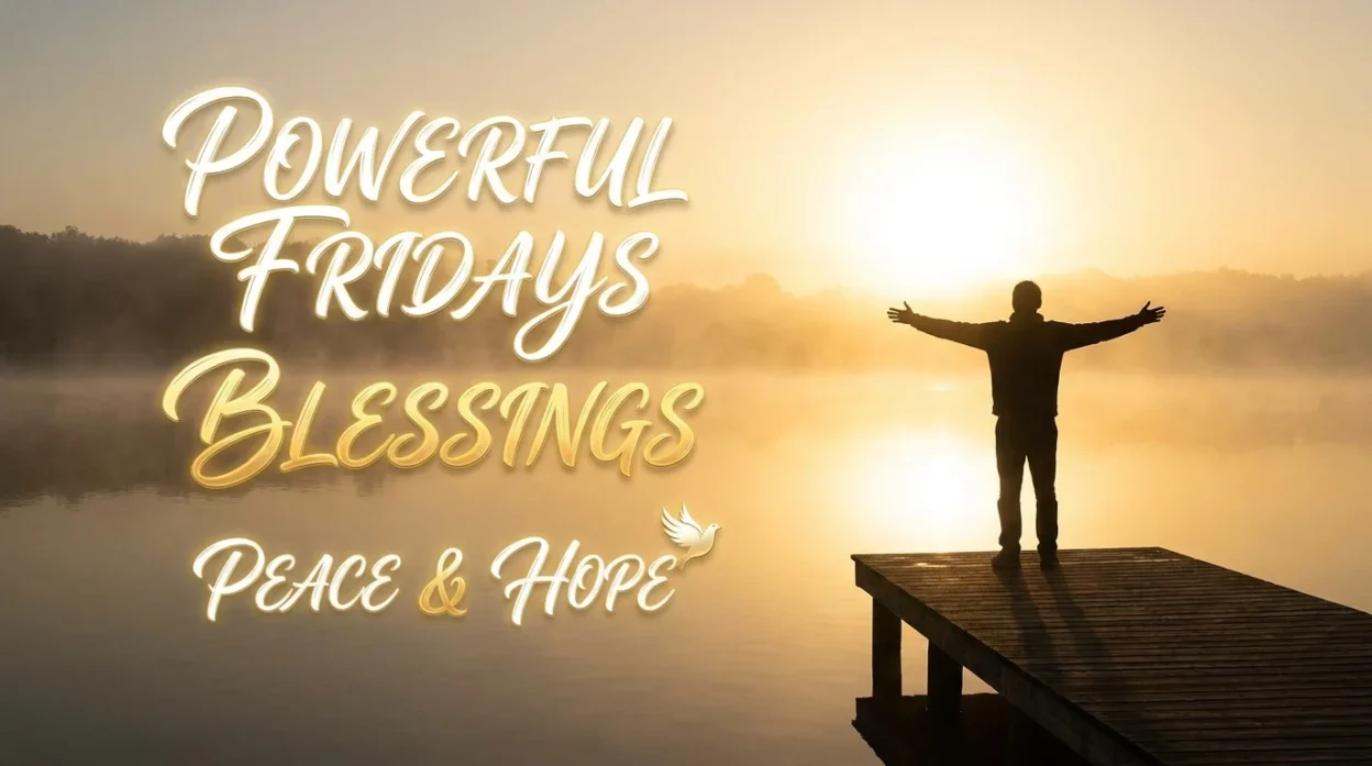 Peaceful Friday blessings with sunrise, calming light, and hopeful spiritual message for emotional healing