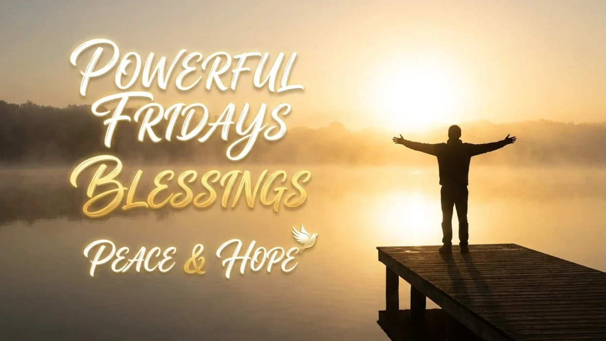 Peaceful Friday blessings with sunrise, calming light, and hopeful spiritual message for emotional healing