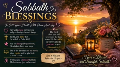Peaceful Sabbath blessings image with Bible, lantern, flowers, and sunset inspiring faith, peace, and spiritual joy
