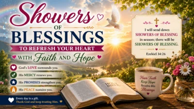 Showers of blessings image with sunrise, Holy Bible, peaceful nature, and inspirational Christian faith message