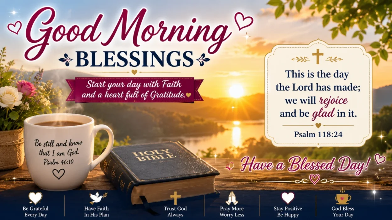 Spiritual Bible verse morning blessings GIF with sunrise, Holy Bible, coffee mug, and peaceful Christian Scripture