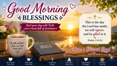 Spiritual Bible verse morning blessings GIF with sunrise, Holy Bible, coffee mug, and peaceful Christian Scripture