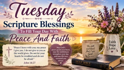 Tuesday scripture blessings image with Bible verse, sunrise, flowers, and peaceful faith-inspired morning scene
