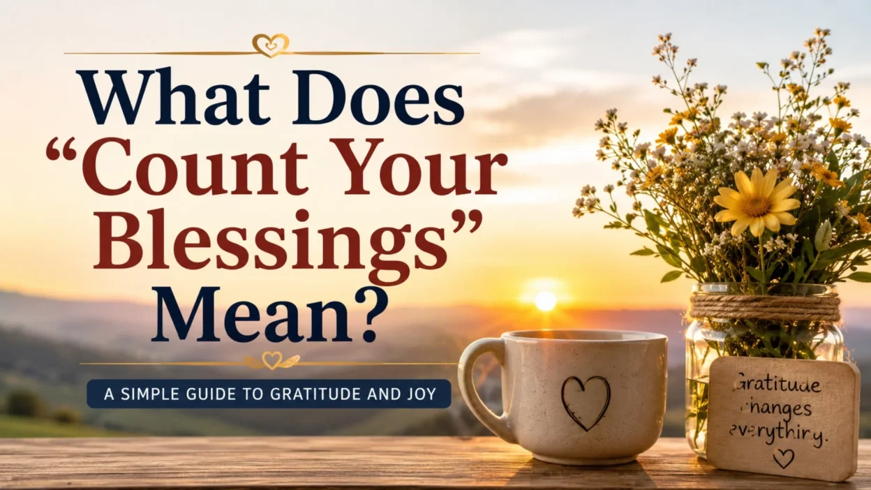 Inspirational gratitude image with sunrise, flowers, and quote about counting your blessings meaning