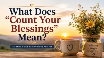 Inspirational gratitude image with sunrise, flowers, and quote about counting your blessings meaning