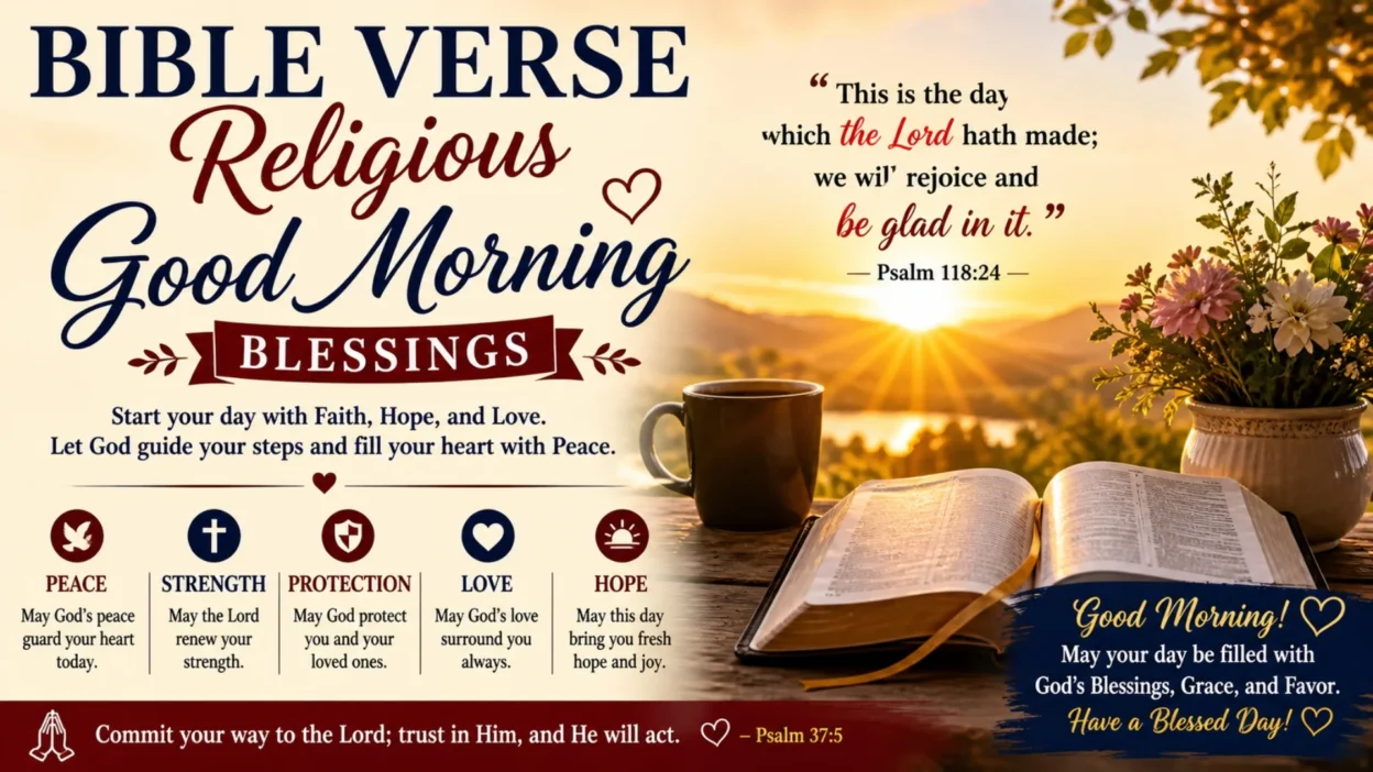 Bible verse religious good morning blessings image with sunrise, open Bible, cross, flowers, and peaceful faith message