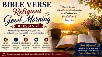 Bible verse religious good morning blessings image with sunrise, open Bible, cross, flowers, and peaceful faith message