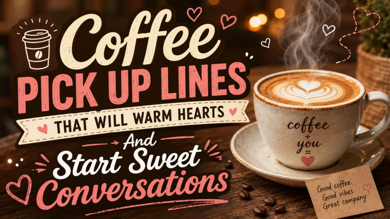 Cute coffee-themed pick up lines graphic with romantic café vibes and warm coffee cups for sweet conversations.